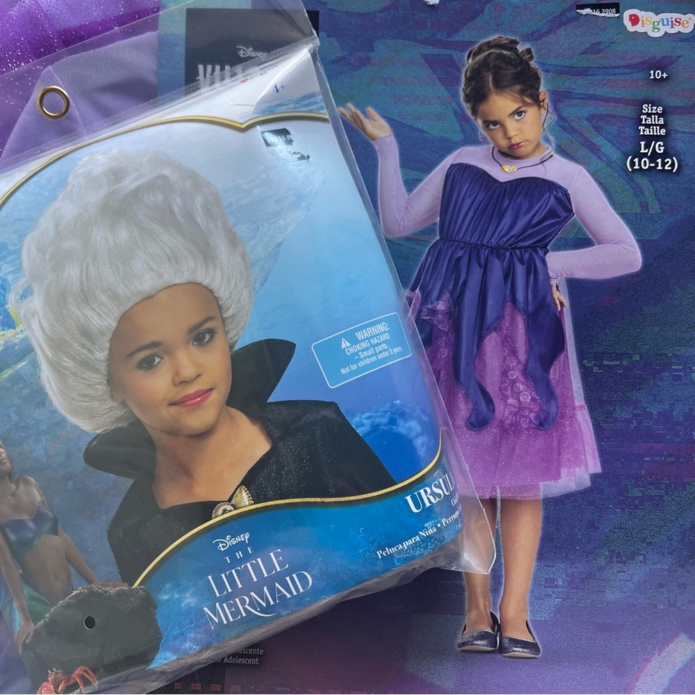 Disney villains Ursula costume dress & wig set Halloween L 10-12 girls kids NEW